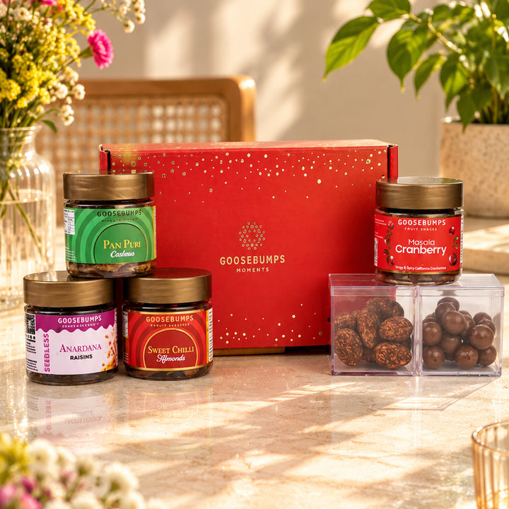 Eco Gift Box Of Nuts fruits and Choco Dragees-305GMs