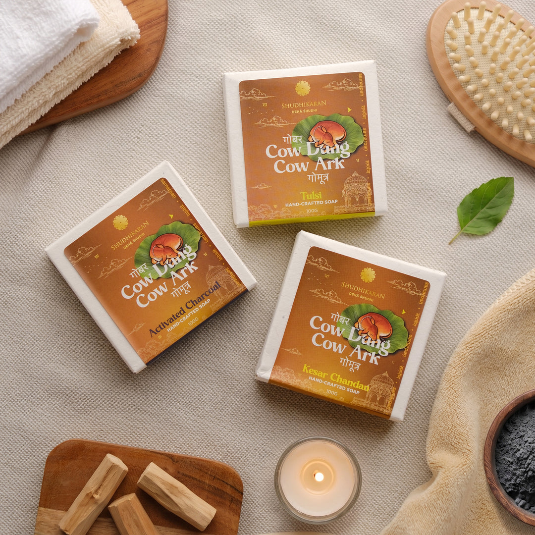 Cow Dung & Cow Ark Handmade Soap Combo | Combo of 3 Soaps (Kesar Chandan, Tulsi & Activated Charcoal)