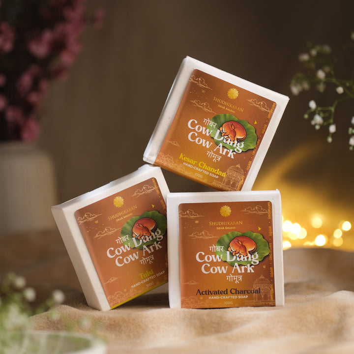 Cow Dung & Cow Ark Handmade Soap Combo | Combo of 3 Soaps (Kesar Chandan, Tulsi & Activated Charcoal)