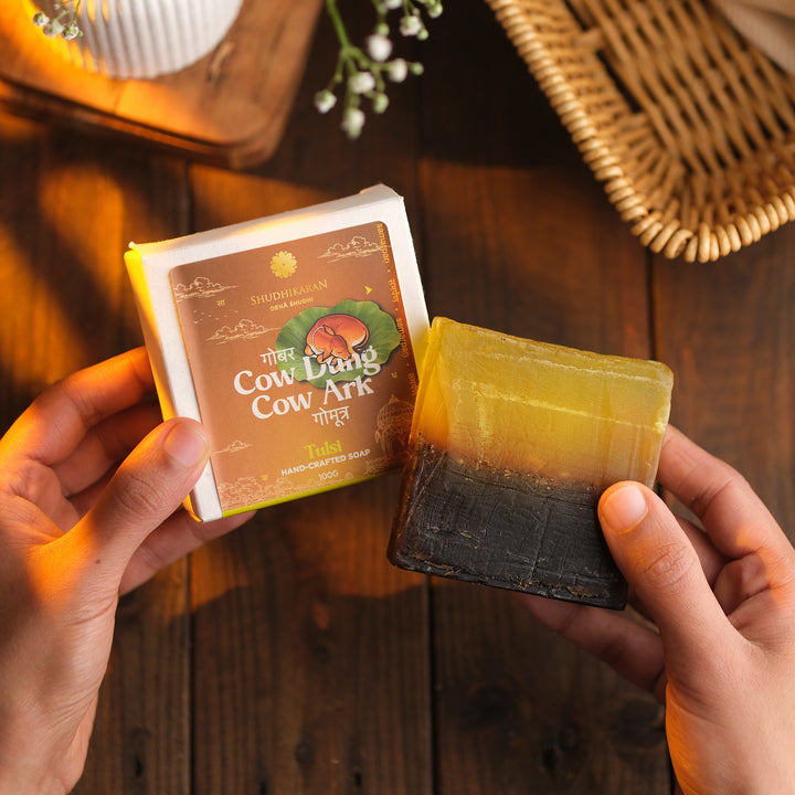Cow Dung & Cow Ark Handmade Soap Combo | Combo of 3 Soaps (Kesar Chandan, Tulsi & Activated Charcoal)